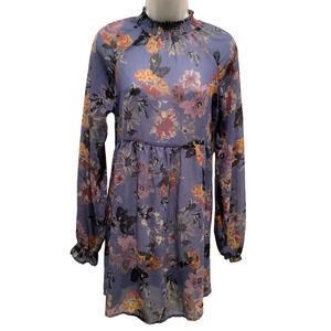 WONDERLY SHEER BLUE FLORAL PRINT LONG SLEEVE DRESS S